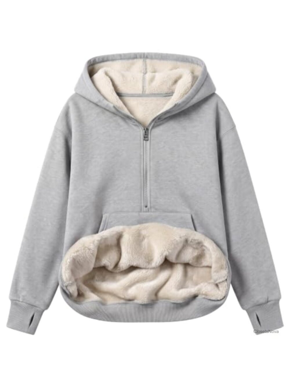 Fuzzy Fleece Half Zip Hoodie Pullover Sweatshirt with Thumb Holes